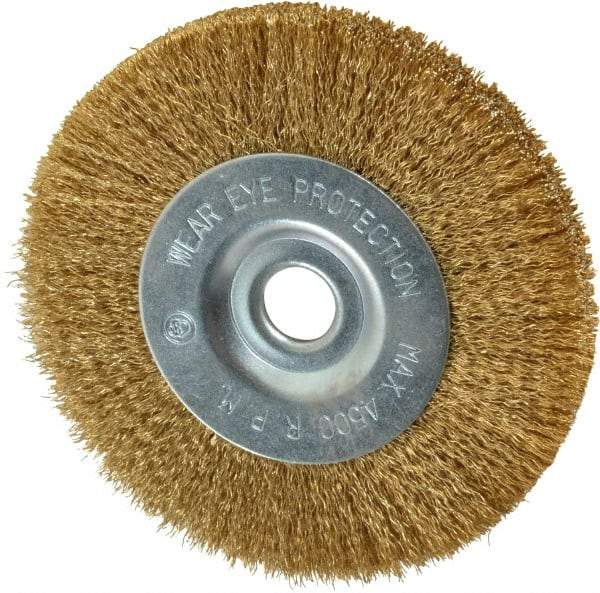 Value Collection - 4" OD, 1/2" Arbor Hole, Crimped Brass-Coated Steel Wheel Brush - 1/2" Face Width, 7/8" Trim Length, 0.007" Filament Diam, 4,500 RPM - Industrial Tool & Supply