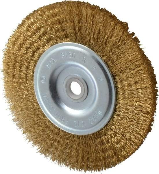 Value Collection - 6" OD, 5/8" Arbor Hole, Crimped Brass-Coated Steel Wheel Brush - 1/2" Face Width, 1-3/8" Trim Length, 0.012" Filament Diam, 3,750 RPM - Industrial Tool & Supply