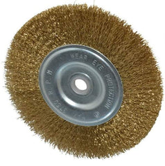 Value Collection - 6" OD, 5/8" Arbor Hole, Crimped Brass-Coated Steel Wheel Brush - 11/16" Face Width, 1-3/8" Trim Length, 0.012" Filament Diam, 6,000 RPM - Industrial Tool & Supply