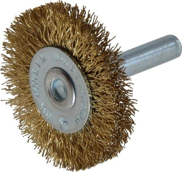 Value Collection - 1-5/8" OD, 1/4" Shank Diam, Crimped Brass-Coated Steel Wheel Brush - 3/16" Face Width, 3/8" Trim Length, 0.015" Filament Diam, 4,500 RPM - Industrial Tool & Supply