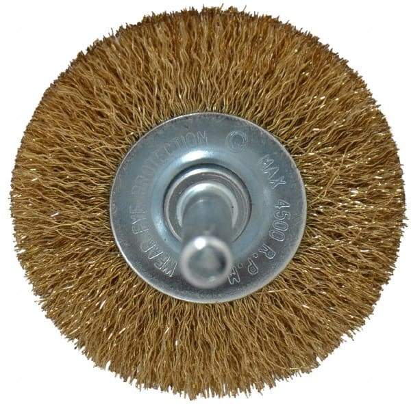 Value Collection - 2" OD, 1/4" Shank Diam, Crimped Brass-Coated Steel Wheel Brush - 9/32" Face Width, 3/8" Trim Length, 0.008" Filament Diam, 4,500 RPM - Industrial Tool & Supply