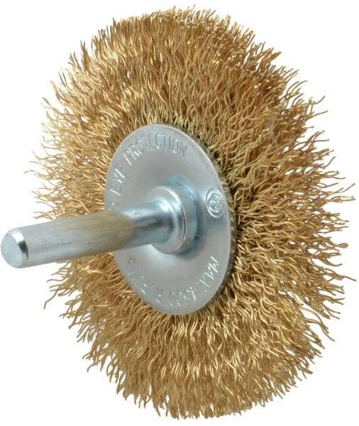 Value Collection - 2-1/2" OD, 1/4" Shank Diam, Crimped Brass-Coated Steel Wheel Brush - 11/32" Face Width, 1/2" Trim Length, 0.015" Filament Diam, 4,500 RPM - Industrial Tool & Supply