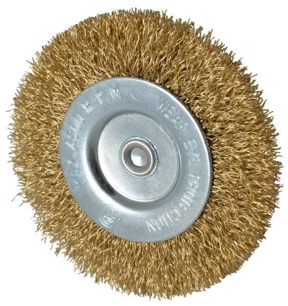 Value Collection - 3" OD, 1/4" Shank Diam, Crimped Brass-Coated Steel Wheel Brush - 3/8" Face Width, 5/8" Trim Length, 0.015" Filament Diam, 4,500 RPM - Industrial Tool & Supply