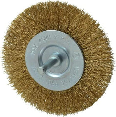Value Collection - 4" OD, 1/4" Shank Diam, Crimped Brass-Coated Steel Wheel Brush - 15/32" Face Width, 7/8" Trim Length, 0.015" Filament Diam, 4,500 RPM - Industrial Tool & Supply