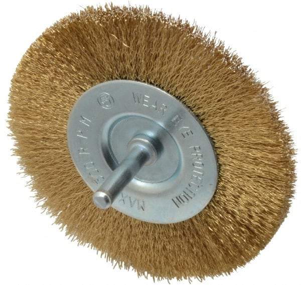 Value Collection - 4" OD, 1/4" Shank Diam, Crimped Brass-Coated Steel Wheel Brush - 15/32" Face Width, 7/8" Trim Length, 0.008" Filament Diam, 4,500 RPM - Industrial Tool & Supply
