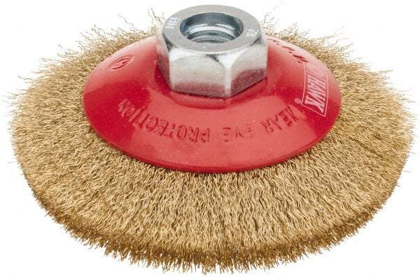 Value Collection - 4" OD, M14x2.00 Arbor Hole, Crimped Brass-Coated Steel Wheel Brush - 3/8" Face Width, 0.008" Filament Diam, 12,500 RPM - Industrial Tool & Supply