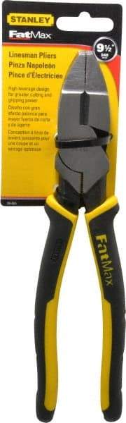 Stanley - 9-3/8" OAL, 1-1/2" Jaw Length x 1" Jaw Width, Side Cutting Linesman's Pliers - Serrated Jaw, Flat Nose Head, Bi-Material Cushion Grip Handles - Industrial Tool & Supply