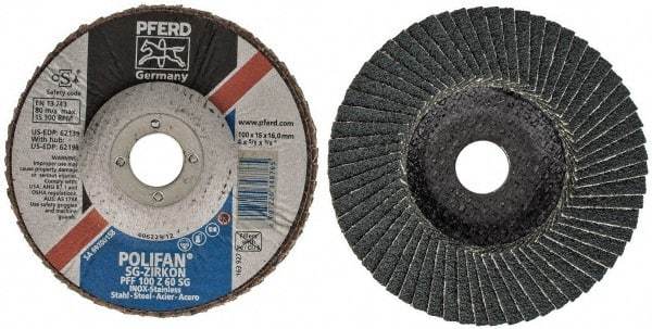 PFERD - 60 Grit, 4" Disc Diam, 5/8" Center Hole, Type 27 Zirconia Alumina Flap Disc - 15,300 Max RPM, Fiberglass Backing, Arbor Attaching System, Coated - Industrial Tool & Supply