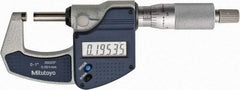 Mitutoyo - 0 to 1" Range, 0.0001" Resolution, Standard Throat, Electronic Outside Micrometer - 0.0001" Accuracy, Ratchet Stop Thimble, Carbide Face, SR44 Battery, Plastic Case, Includes NIST Traceable Certification of Inspection - Industrial Tool & Supply