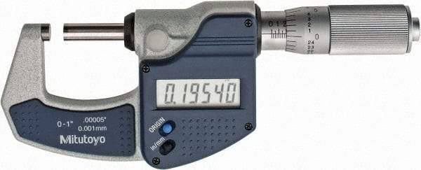 Mitutoyo - 0 to 1" Range, 0.0001" Resolution, Standard Throat, Electronic Outside Micrometer - 0.0001" Accuracy, Friction Thimble, Carbide Face, SR44 Battery, Plastic Case, Includes NIST Traceable Certification of Inspection - Industrial Tool & Supply