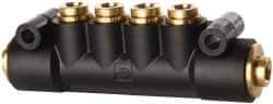 Parker - 1/4" Inlet, 1/4" Outlet Manifold - 3.98" Long x 0.9" Wide 0.21" Mount Hole, 200°F Max, 150 Max PSI, 2 Inlet Ports, 4 Outlet Ports - Industrial Tool & Supply