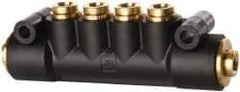 Parker - 1/4" Inlet, 1/4" Outlet Manifold - 3.98" Long x 0.9" Wide 0.21" Mount Hole, 200°F Max, 150 Max PSI, 2 Inlet Ports, 4 Outlet Ports - Industrial Tool & Supply