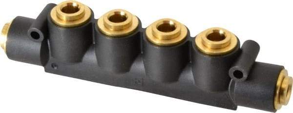 Parker - 3/8" Inlet, 3/8" Outlet Manifold - 6.49" Long x 1.02" Wide 0.22" Mount Hole, 200°F Max, 150 Max PSI, 2 Inlet Ports, 4 Outlet Ports - Industrial Tool & Supply