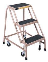 Gillis - 30" 3 Step Ladder - Rolling Steel Office Ladder, 300 Lb Capacity, 30" Platform Height, 24" Base Width x 27" Depth, Rubber Matted - Industrial Tool & Supply