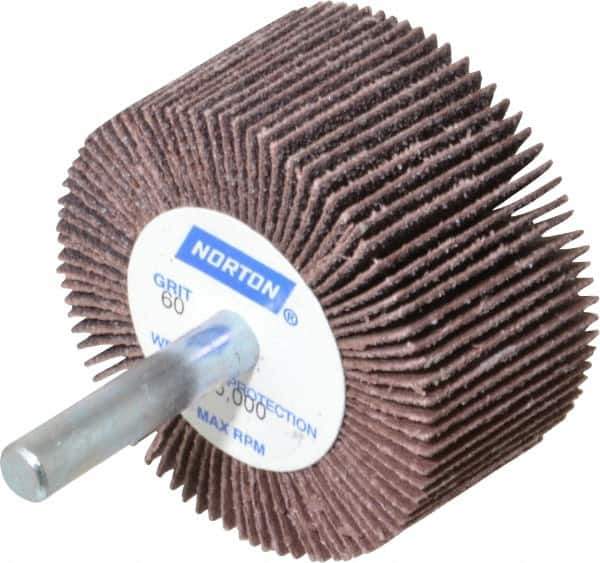 Norton - 2" Diam x 1" Face Width, Medium Aluminum Oxide Coated Mounted Flap Wheel - 1/4" Shank Mount, 60 Grit, Cloth Backing, 23,000 Max RPM - Industrial Tool & Supply