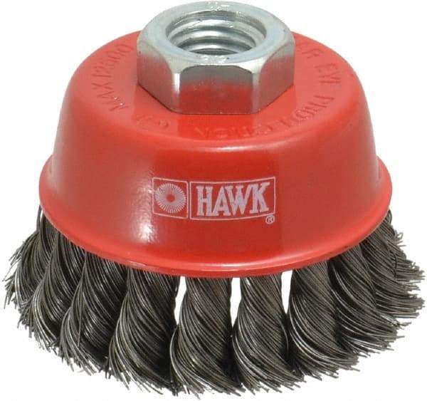Value Collection - 2-5/8" Diam, 5/8-11 Threaded Arbor, Steel Fill Cup Brush - 0.0137 Wire Diam, 12,500 Max RPM - Industrial Tool & Supply
