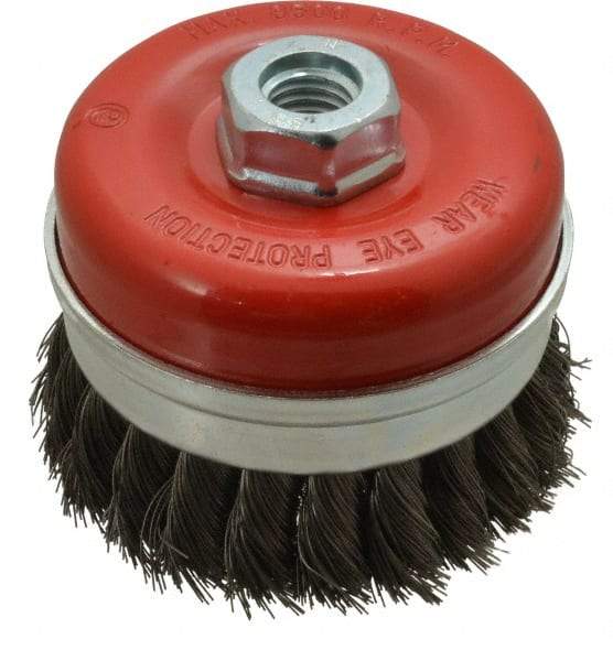 Value Collection - 3-3/16" Diam, 5/8-11 Threaded Arbor, Steel Fill Cup Brush - 0.0137 Wire Diam, 8,500 Max RPM - Industrial Tool & Supply