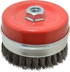 Value Collection - 4-3/8" Diam, 5/8-11 Threaded Arbor, Steel Fill Cup Brush - 0.02 Wire Diam, 6,500 Max RPM - Industrial Tool & Supply