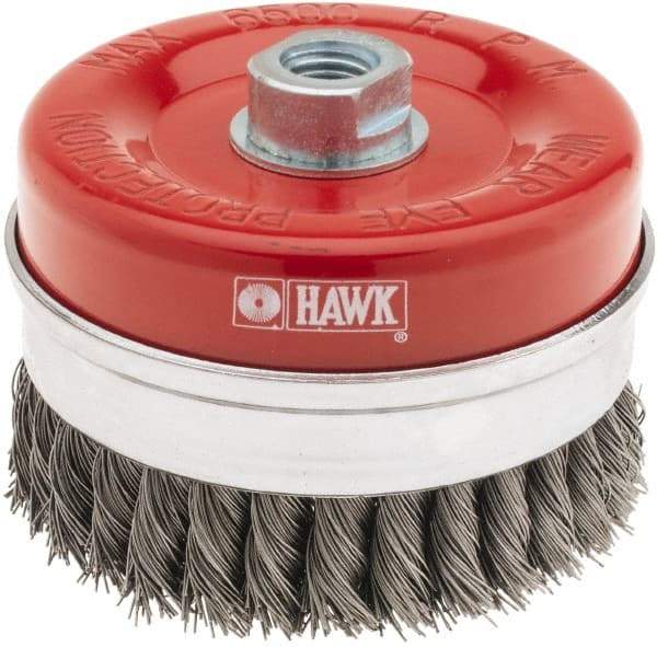 Value Collection - 4-3/8" Diam, M16x2.00 Threaded Arbor, Steel Fill Cup Brush - 0.02 Wire Diam, 6,500 Max RPM - Industrial Tool & Supply