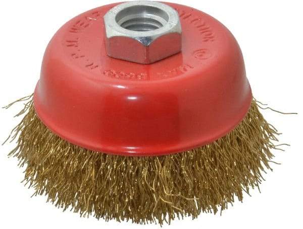 Value Collection - 3-3/16" Diam, 5/8-11 Threaded Arbor, Steel Fill Cup Brush - 0.015 Wire Diam, 8,500 Max RPM - Industrial Tool & Supply