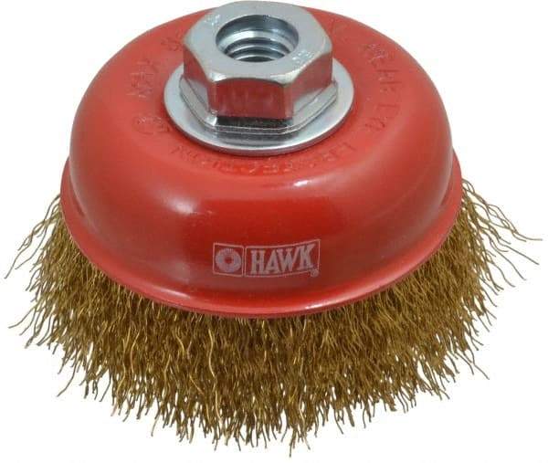 Value Collection - 4" Diam, 5/8-11 Threaded Arbor, Steel Fill Cup Brush - 0.015 Wire Diam, 8,500 Max RPM - Industrial Tool & Supply