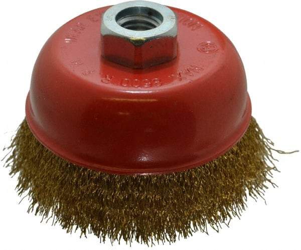 Value Collection - 4" Diam, 5/8-11 Threaded Arbor, Steel Fill Cup Brush - 0.012 Wire Diam, 8,500 Max RPM - Industrial Tool & Supply