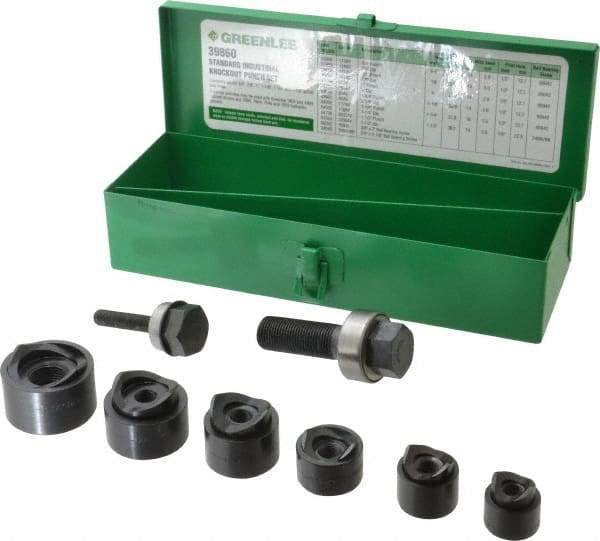 Greenlee - 15 Piece, 3/4 to 1-1/2" Punch Hole Diam, Manual Standard Punch Kit - Round Punch, 16 Gage Mild Steel - Industrial Tool & Supply