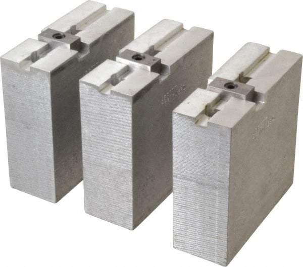 Abbott Workholding Products - 8" & Up Chuck Capacity, Tongue & Groove Attachment, Square Soft Lathe Chuck Jaw - 3 Jaws, Aluminum, 1-3/4" Btw Mount Hole Ctrs, 4" Long x 1-1/2" Wide x 4" High, 5/16" Groove, 3/8" Fastener - Industrial Tool & Supply