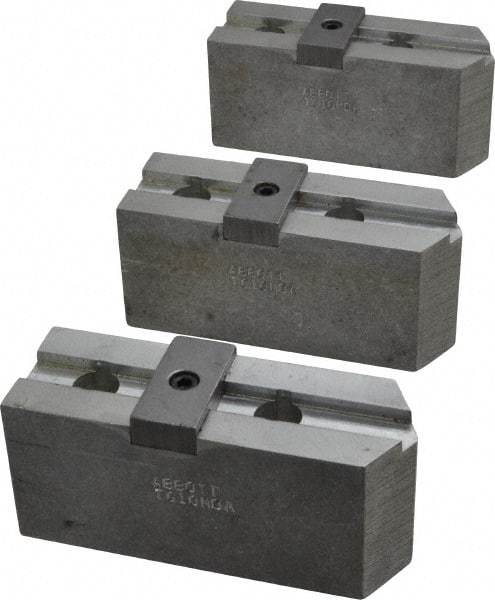 Abbott Workholding Products - 10" & Up Chuck Capacity, Tongue & Groove Attachment, Square Soft Lathe Chuck Jaw - 3 Jaws, Aluminum, 2-1/8" Btw Mount Hole Ctrs, 4-1/2" Long x 1-1/2" Wide x 2" High, 1/2" Groove, 1/2" Fastener - Industrial Tool & Supply