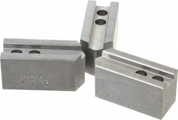 Abbott Workholding Products - 6-1/2" Chuck Capacity, 1/16" x 90 Serrated Attachment, Square Soft Lathe Chuck Jaw - 3 Jaws, Steel, 0.65" Btw Mount Hole Ctrs, 3" Long x 1-1/4" Wide x 1-1/2" High, 0.551" Groove, 0.3937" & 10mm Fastener - Industrial Tool & Supply