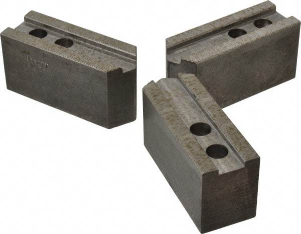 Abbott Workholding Products - 8" & Up Chuck Capacity, 1/16" x 90 Serrated Attachment, Square Soft Lathe Chuck Jaw - 3 Jaws, Steel, 29/32" Btw Mount Hole Ctrs, 4" Long x 1-1/2" Wide x 2" High, 0.669" Groove, 0.4724" & 12mm Fastener - Industrial Tool & Supply