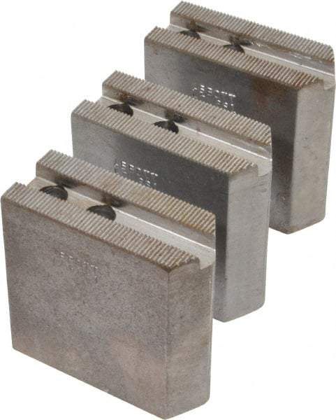 Abbott Workholding Products - 6" & Up Chuck Capacity, 1.5mm x 60° Serrated Attachment, Square Soft Lathe Chuck Jaw - 3 Jaws, Steel, 0.7874" Btw Mount Hole Ctrs, 3" Long x 1-1/4" Wide x 3" High, 0.4331" Groove, 0.3937" & 10mm Fastener - Industrial Tool & Supply