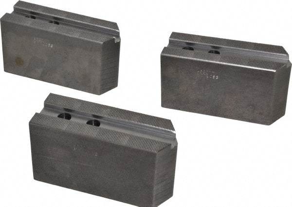 Abbott Workholding Products - 10" & Up Chuck Capacity, 1.5mm x 60° Serrated Attachment, Square Soft Lathe Chuck Jaw - 3 Jaws, Steel, 1.1811" Btw Mount Hole Ctrs, 5-1/2" Long x 2" Wide x 3" High, 0.6299" Groove, 0.4724" & 12mm Fastener - Industrial Tool & Supply