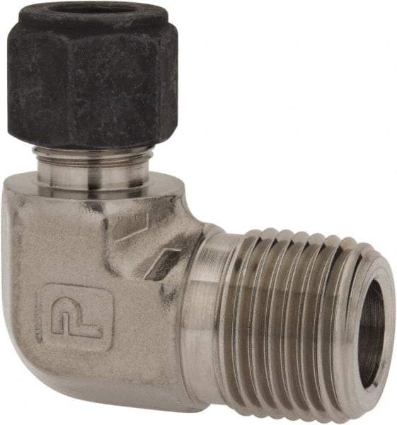 Parker - 3/8" OD, Stainless Steel Male Elbow - 7/8" Hex, Comp x MNPT Ends - Industrial Tool & Supply