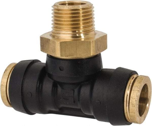 Parker - 1/2" Tube OD, 3/8 NPT Composite Push-to-Connect Tube Male Swivel Branch Tee - 250 Max psi, Tube to Male NPT Connection, Buna-N O-Ring, -40 to 200°F Working Temp - Industrial Tool & Supply