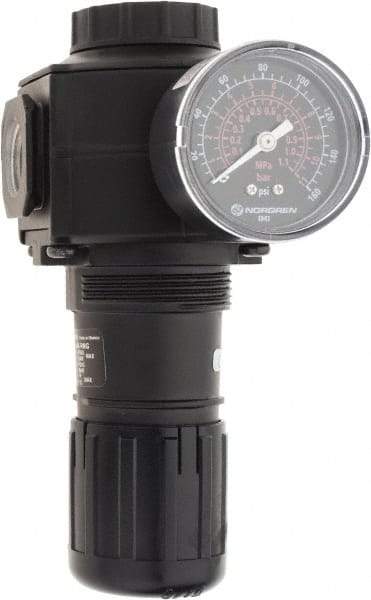 Norgren - 1/2 NPT Port, 220 CFM, Zinc Standard Regulator - 5 to 150 psi Range, 300 Max psi Supply Pressure, 1/4" Gauge Port Thread, 3.15" Wide x 6.67" High - Industrial Tool & Supply