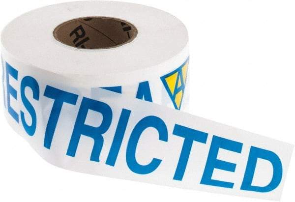 NMC - 1,000' Long x 3" Wide Roll, Vinyl, White, Blue & Yellow Barricade Tape - Message: Restricted Area - Industrial Tool & Supply