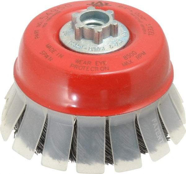 JAZ USA - 4" Diam, 5/8-11 & M14x2.00 Threaded Arbor, Steel Fill Cup Brush - 0.02 Wire Diam, 1-1/8" Trim Length, 8,500 Max RPM - Industrial Tool & Supply