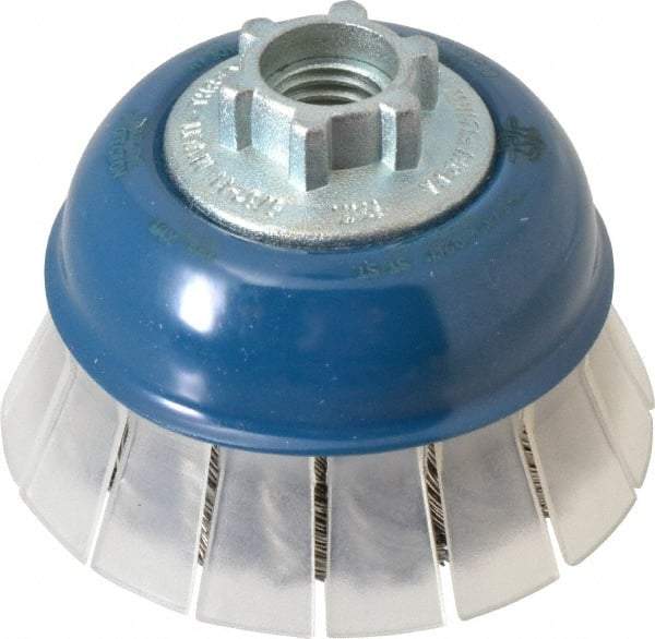 JAZ USA - 2-3/4" Diam, 5/8-11 & M14x2.00 Threaded Arbor, Stainless Steel Fill Cup Brush - 0.02 Wire Diam, 3/4" Trim Length, 15,000 Max RPM - Industrial Tool & Supply