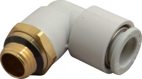 SMC PNEUMATICS - 10mm OD, 1/4 Universal, Brass/Polybutylene Push-to-Connect Male Elbow - 145 Max psi, White - Industrial Tool & Supply