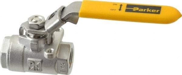 Parker - 3/8" Pipe, Full Port, Stainless Steel Standard Ball Valve - 2 Piece, Inline - One Way Flow, FNPT x FNPT Ends, Padlock Handle, 2,000 WOG, 150 WSP - Industrial Tool & Supply