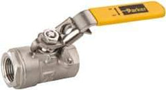 Parker - 1/2" Pipe, Full Port, Stainless Steel Standard Ball Valve - 2 Piece, Inline - One Way Flow, FNPT x FNPT Ends, Padlock Handle, 2,000 WOG, 150 WSP - Industrial Tool & Supply