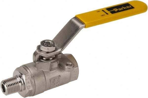 Parker - 1/4" Pipe, Full Port, Stainless Steel Standard Ball Valve - 2 Piece, Inline - One Way Flow, MNPT x FNPT Ends, Lever Handle, 2,000 WOG, 150 WSP - Industrial Tool & Supply