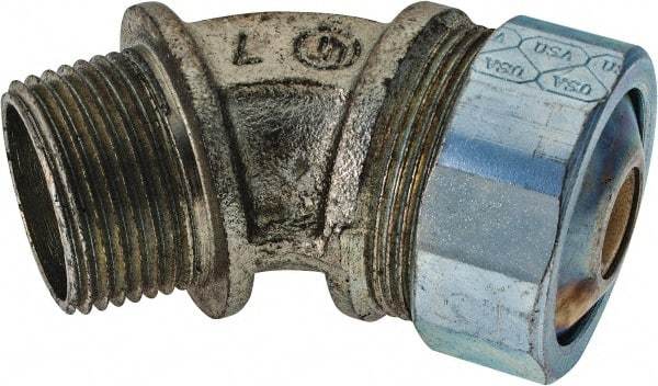 Cooper Crouse-Hinds - 1/4 to 0.35" Cable Capacity, Liquidtight, Elbow Strain Relief Cord Grip - 3/4 NPT Thread, 2-17/32" Long, Malleable Iron - Industrial Tool & Supply