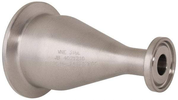 VNE - 1-1/2 x 1/2", Clamp Style, Sanitary Stainless Steel Pipe Concentric Reducer - Tube OD Connection, Grade 316/316L - Industrial Tool & Supply