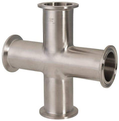 VNE - 1-1/2", Clamp Style, Sanitary Stainless Steel Pipe Cross - Tube OD Connection, Grade 316/316L - Industrial Tool & Supply