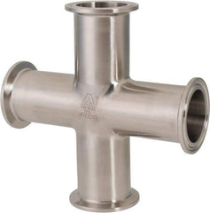 VNE - 1-1/2", Clamp Style, Sanitary Stainless Steel Pipe Cross - Tube OD Connection, Grade 304 - Industrial Tool & Supply