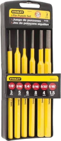 Stanley - 6 Piece, 1/16 to 5/16", Pin Punch Set - Hex Shank, Comes in Plastic Case - Industrial Tool & Supply