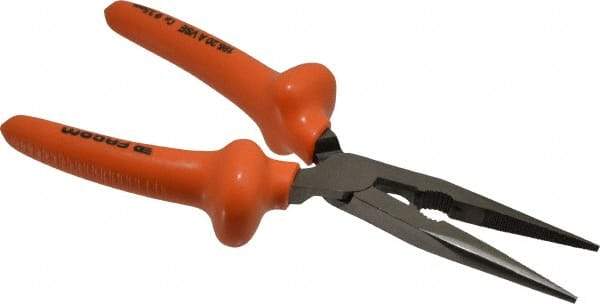Facom - 8-9/32" OAL, 2-23/32" Jaw Length x 1-3/8" Jaw Width, Long Nose Side Cutting Burnished Insulated Pliers - Serrated Jaw, Half Round Nose Head, Plastic Coated Handles - Industrial Tool & Supply