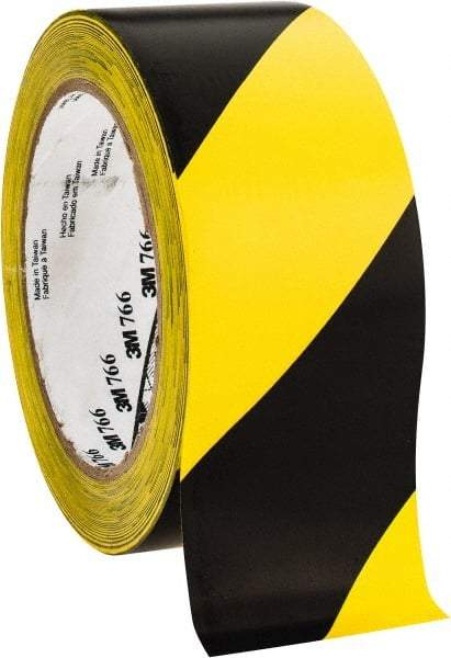 3M - Black & Yellow Striped Vinyl Tape - 2" Wide x 108' Long x 0.005" Thick, General Traffic - Industrial Tool & Supply